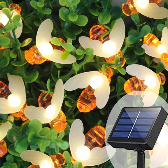 Solar Bee String Lights 20ft Outside, 40 LED Honeybee Fairy Outdoor, Waterproof Powered for Patio Yard Garden Grass Decor, Warm White