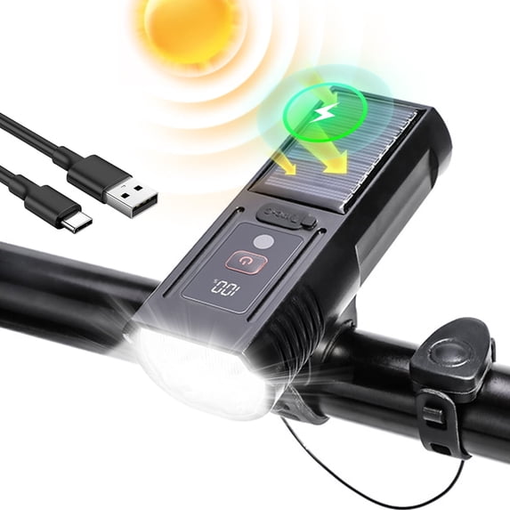 Solar Bike Lights, 3000LM Night Ultra Bright Bicycle Lights Headlight with Electric Bell, Rechargeable Bike Lights, Easy Install Waterproof