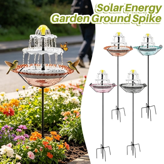 Solar Bird Bath Fountain 3-Tier Cascade, Textured Birdfeeder Bowl with Upgraded 4-Pronged Metal Stake Stand, Colorful Multi-Tier Water Feature Sprayer for Outdoor Garden Yard Lawn Patio Decor