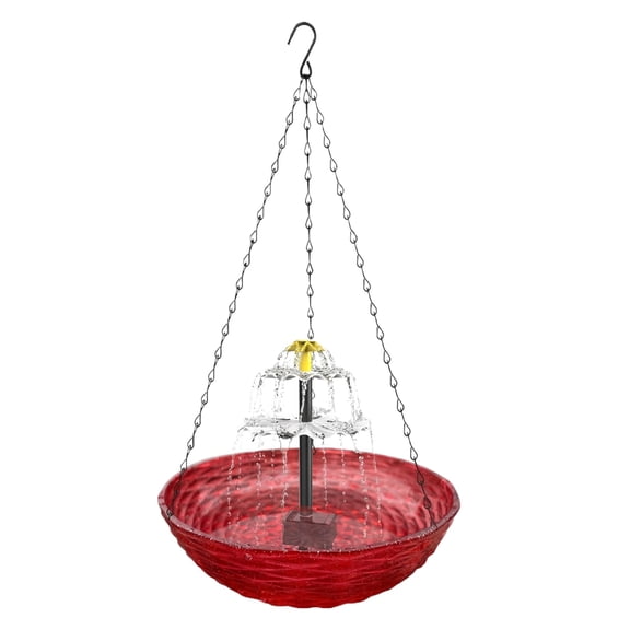 Solar Bird Bath Fountain, Hanging Red Textured Basin, Tiered Water Pump, Outdoor Garden Backyard Use, 1 Pc Hanging Kit