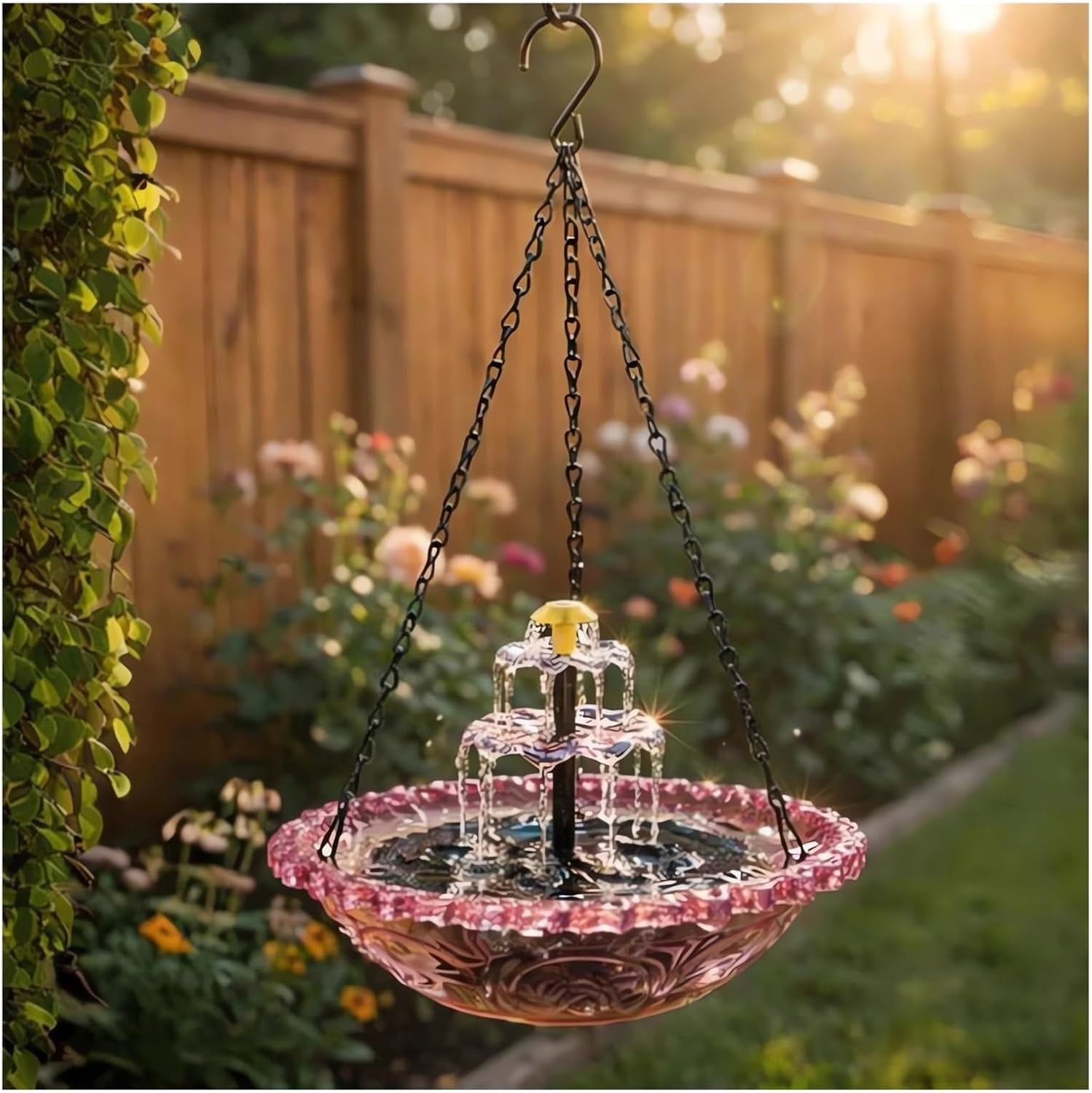 Solar Bird Bath Fountain, Outdoor Hanging Cascade Bird Bath with Solar Powered Pump Bowl with Nozzles, Attracting Wild Birds Hummingbirds Shower for Garden, Patio