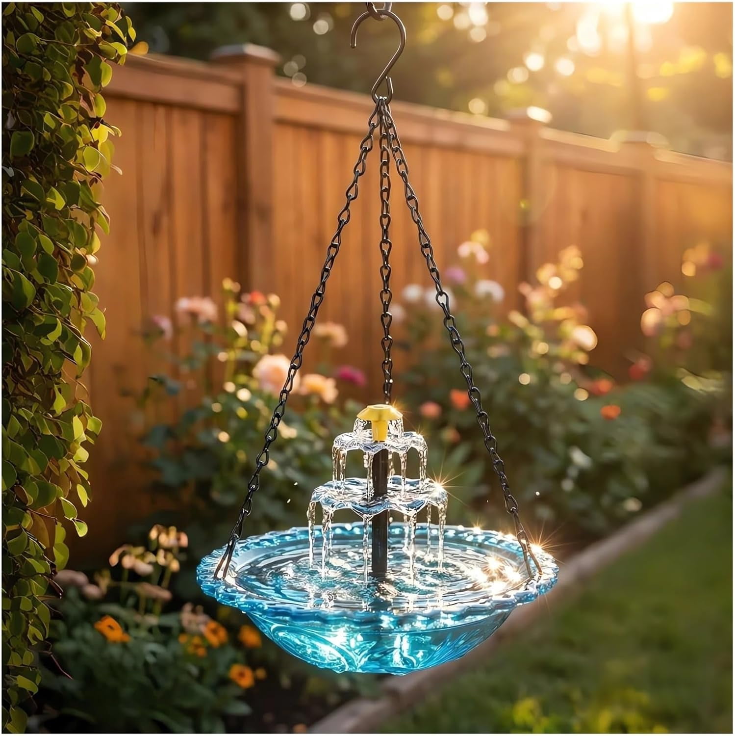 Solar Bird Bath Fountain, Outdoor Hanging Cascade Bird Bath with Solar Powered Pump Bowl with Nozzles, Attracting Wild Birds Hummingbirds Shower for Garden, Patio