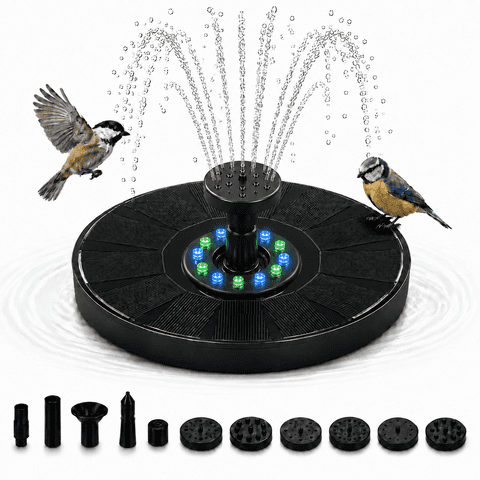 KOYMISKU Solar Bird Bath Fountain with Color LED Lights, Multiple Nozzles, 6.3 Inch Solar Powered Water Fountain for Pond, Pool & Garden