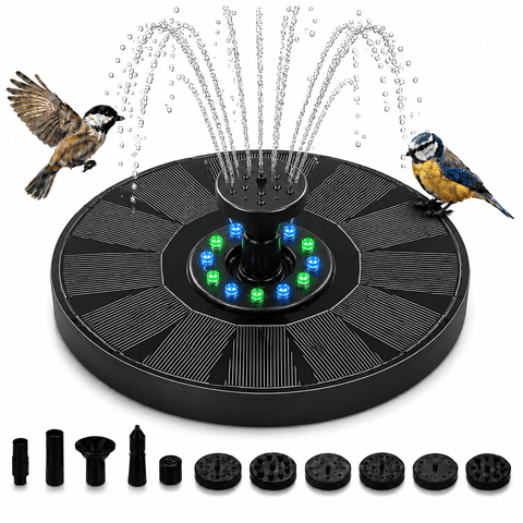 KOYMISKU Solar Bird Bath Fountain with Color LED Lights, Multiple Nozzles, 6.3 Inch Solar Powered Water Fountain for Pond, Pool & Garden