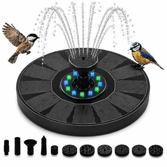 KOYMISKU Solar Bird Bath Fountain with Color LED Lights, Multiple Nozzles, 6.3 Inch Solar Powered Water Fountain for Pond, Pool & Garden