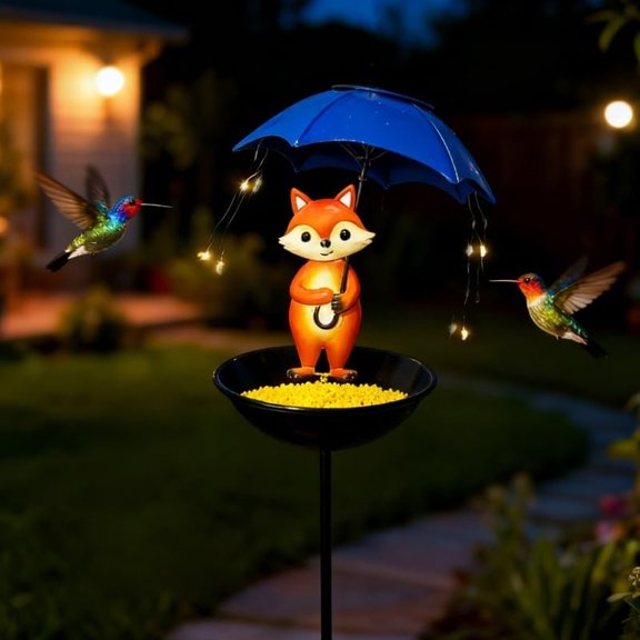 Solar Bird Feeder Frog, Outdoor Solar Lights with Umbrella, Hummingbird Feeder Garden Decor, Yard Art Path Lights for Night Illumination, Weather-Resistant and Easy Install Bird Feeder (Fox)