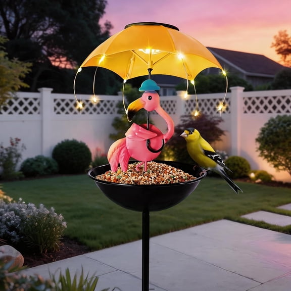 Solar Bird Feeder Garden Decor, Outdoor Solar Lights with Umbrella, Hummingbird Feeder Decorative Path Lights Yard Art Ornament Bird Feeder (Flamingo)