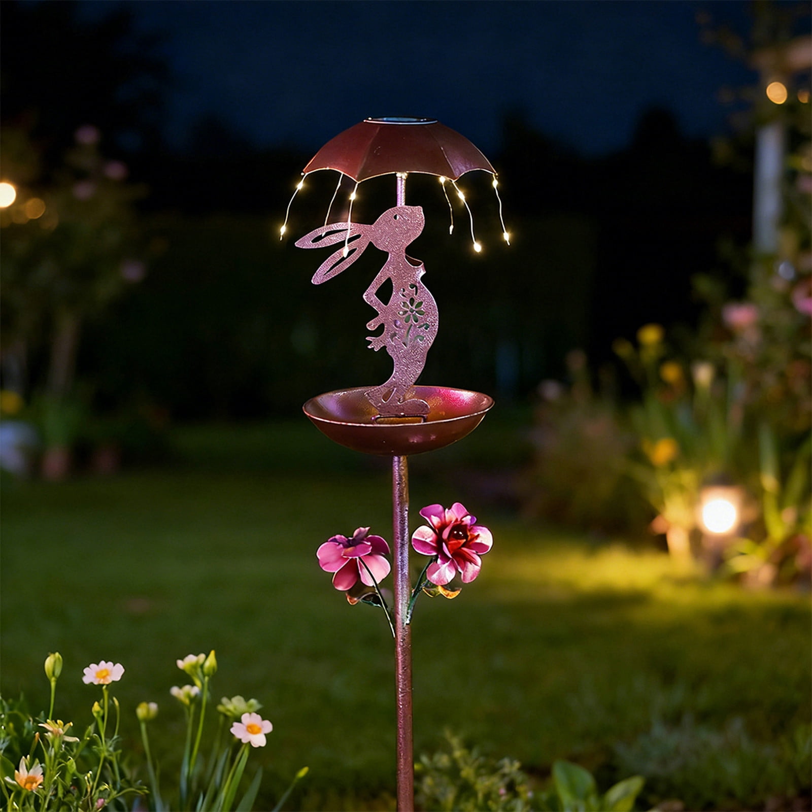 Solar Bird Feeder Iron Bunny Umbrella Stake with Solar Powered Light for Garden Yard Patio Outdoor Metal Ground Decor Easter Spring Wrought Iron