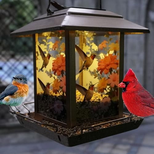 Solar Bird Feeder for Outdoors - 2.5LBs Metal Wild Bird Feeder with Solar Lantern, Large Capacity Hanging Birdhouse for Garden Yard, Ideal Gift for Bird Lovers$$Garden & Patio