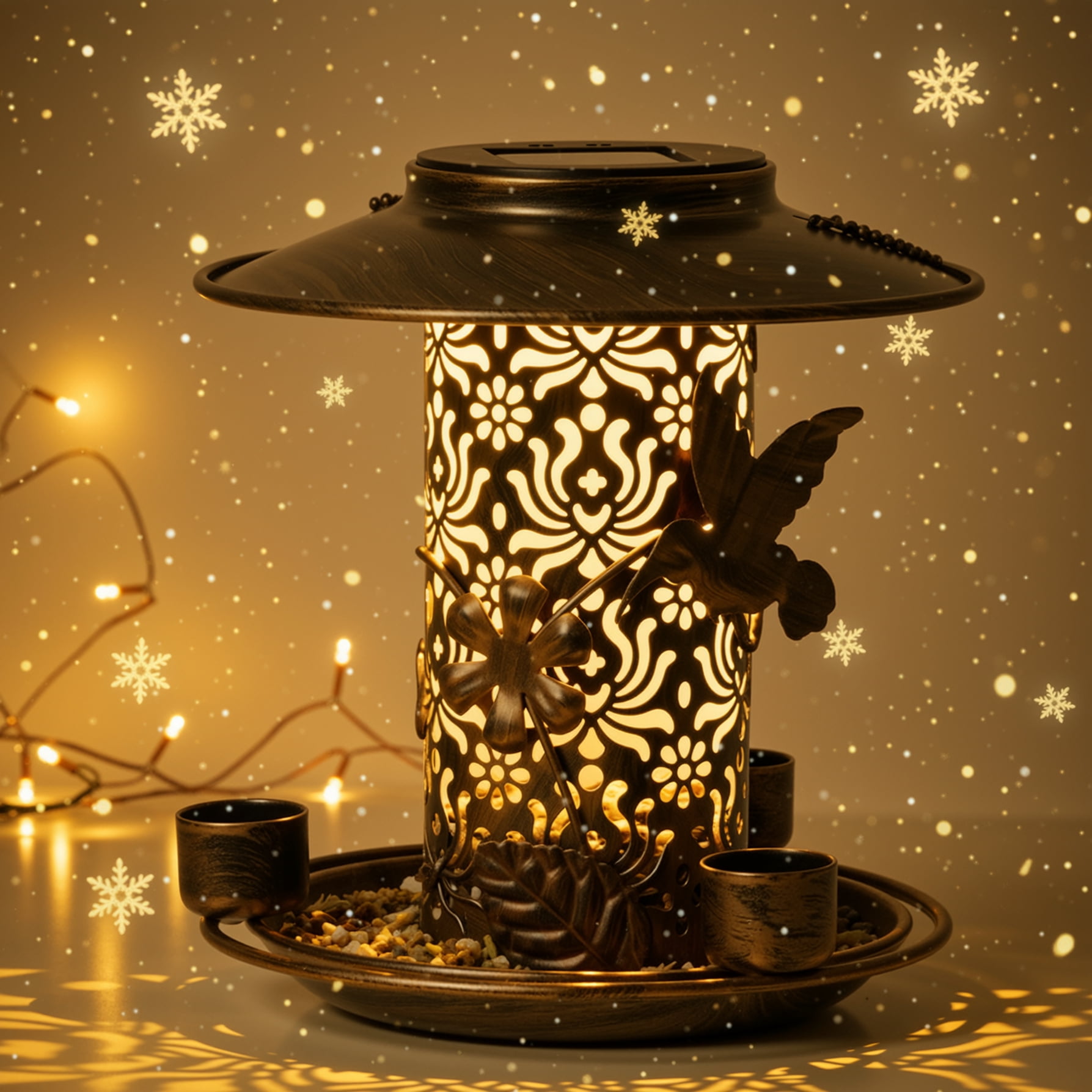 Naipo Solar Bird Feeder for Outdoors Hanging, Metal Wild Bird Feeder for Cardinals Solar Garden Lantern with S Hook as Gift for Bird Lovers