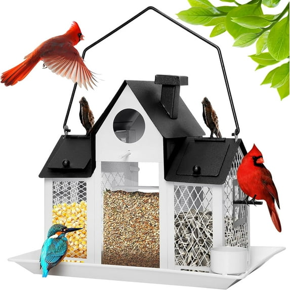 Solar Bird Feeders House for Outdoors Hanging, 7LBS Large Capacity Metal Wild Bird Feeder Squirrel Proof for Outside with Water Cup, Cardinal Birdfeeder Birdhouses Gift for Bird Lovers