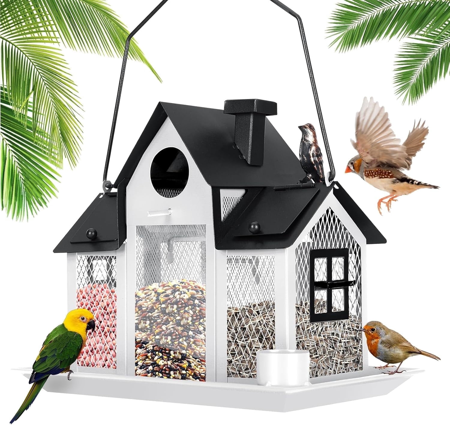 Solar Bird Feeders for Outdoors Hanging, Squirrel Proof Bird Houses, White