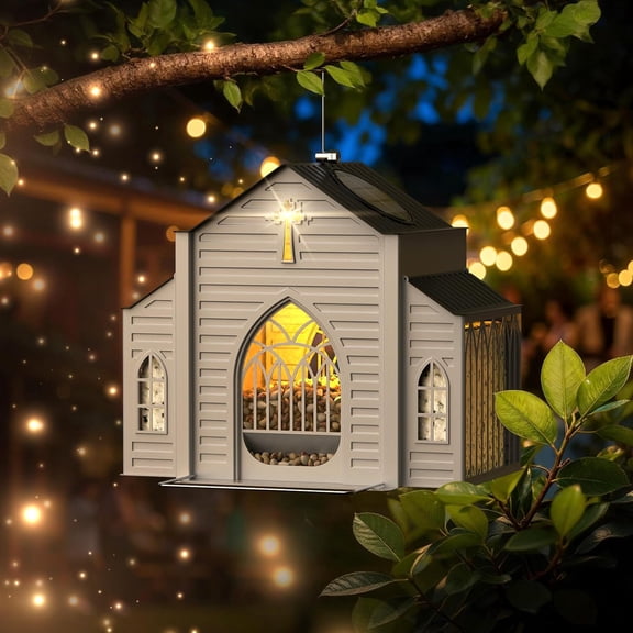 Solar Bird Feeders for Outdoors Hanging, Church-Shaped Metal Bird House Feeder with Solar Powered Lantern Light,Wild Cardinal Birdfeeder Waterproof Decor for Garden Yard Outside,Gift for Bird Lovers