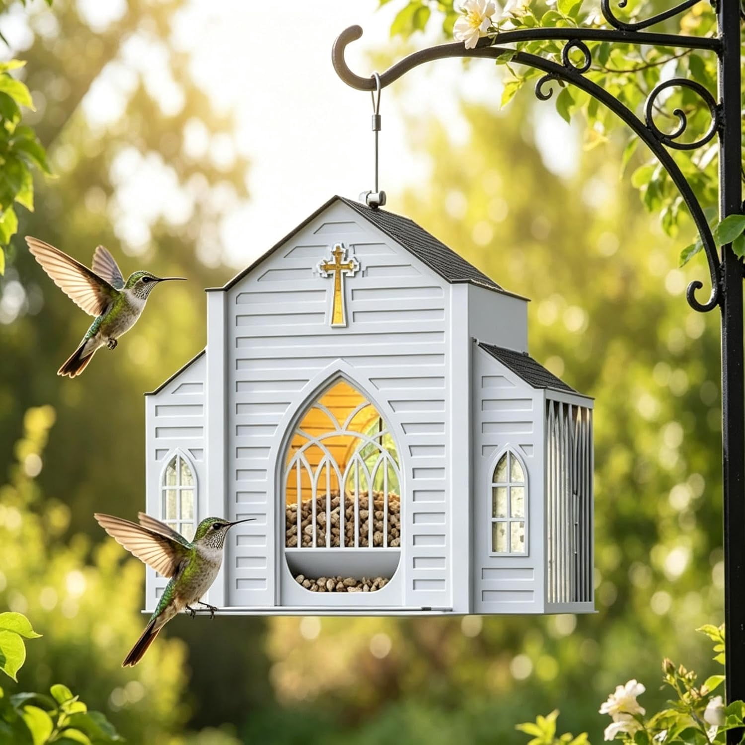 Solar Bird Feeders for Outdoors Hanging Church Shaped Metal Birdfeeder with Solar Light Wild Bird Feeders for Garden Home Decor