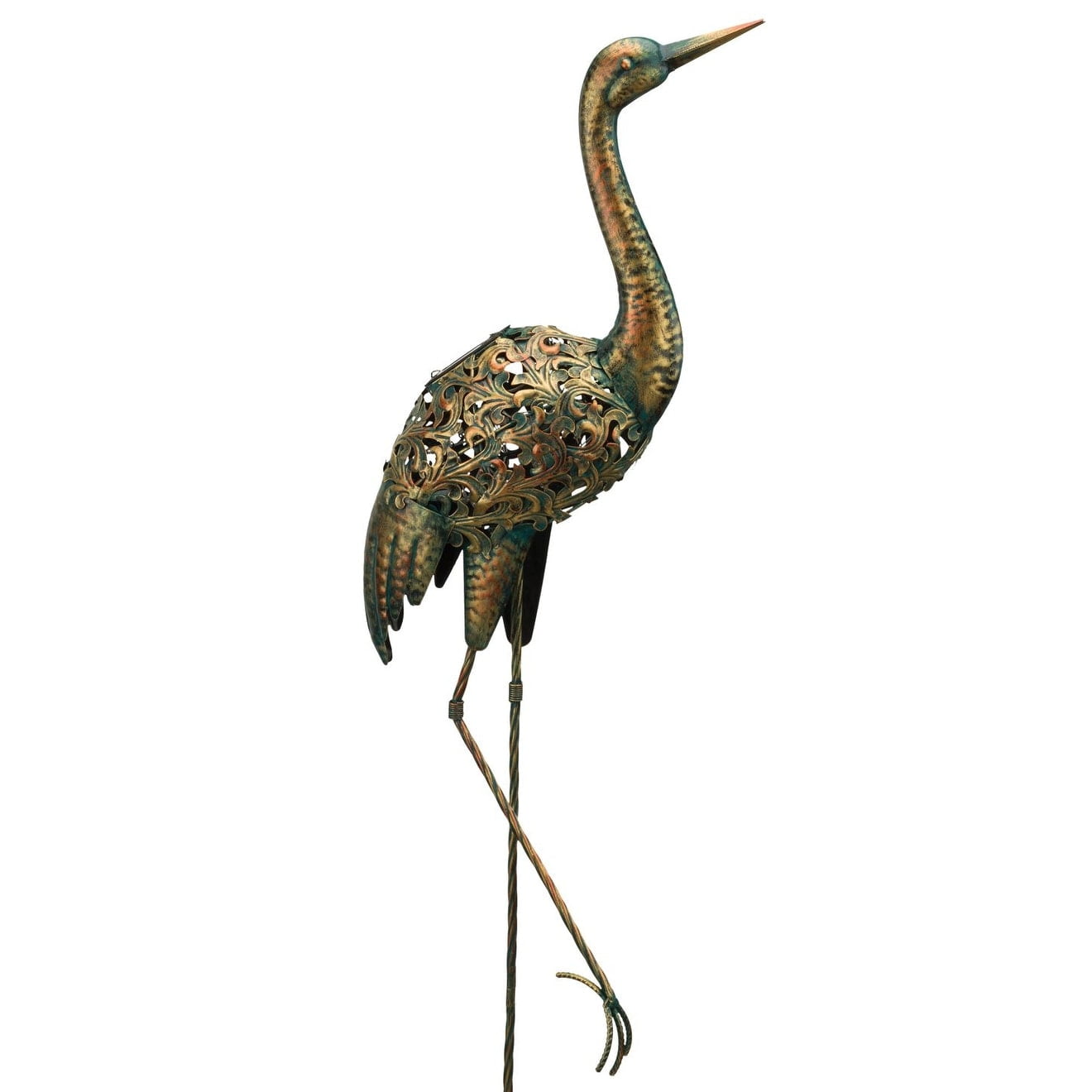 Distressed Copper Solar Powered Metal Crane Garden Stake