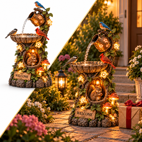 Solar Birdbath Fountain Garden Decor, Rustic Woodland Outdoor Bird Bath with Flowing Water, Bird Squirrel Tree Stump Fountain Ornament for Yard Patio Porch Lawn and Nature Lover Gift