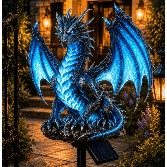 Solar Blue Ice Dragon Garden Light – Glowing Fantasy Dragon Yard Decor, Halloween Gothic Themed Outdoor Lighting for Yard Party Decor