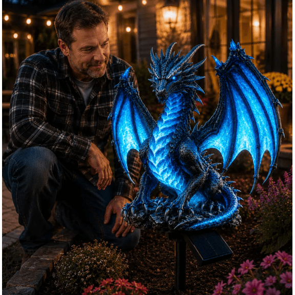Solar Blue Ice Dragon Garden Light – Glowing Fantasy Dragon Yard Decor, Magical Night Atmosphere Dragon Light for Backyard Fountain Area