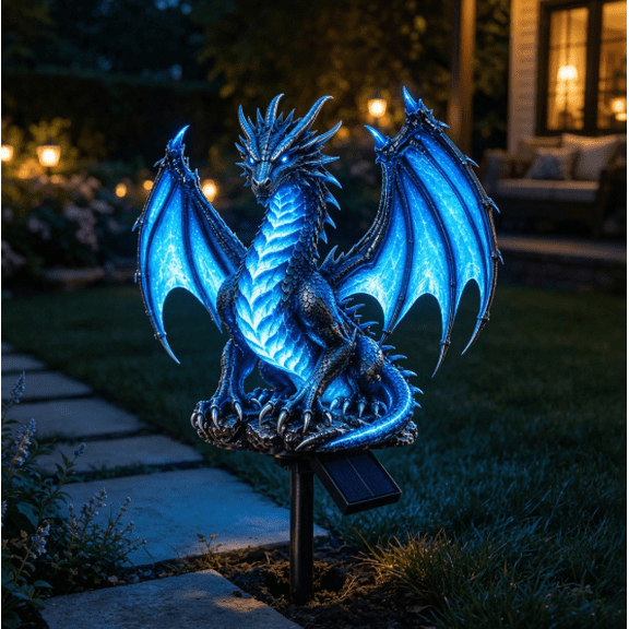 Solar Blue Ice Dragon Garden Light – Glowing Fantasy Dragon Yard Decor, Wire-Free Solar Powered Outdoor Ornament for Front Porch Backyard