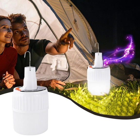 Solar Bluetooth Audio Light | Portable Hanging Tent Bulb with Clip Hook | 5W USB/Solar Rechargeable LED Lantern, ABS White, 32ft Sensor, Phone Charging, Outdoor Camping, Courtyard, Garage