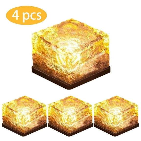 RNKR Solar Brick Lights 4 Pack, Frosted Glass Ice Cube LED Landscape Lights, Waterproof Outdoor Garden Path Patio Walkway Rock Paver Lighting, Warm White