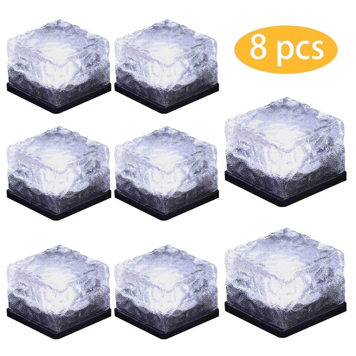 RNKR 8 Pack Solar Glass Brick Lights, LED Ice Cube Rock Lamps for Outdoor Pathway, Patio, Driveway, Garden, Waterproof Landscape Lighting, Cold White