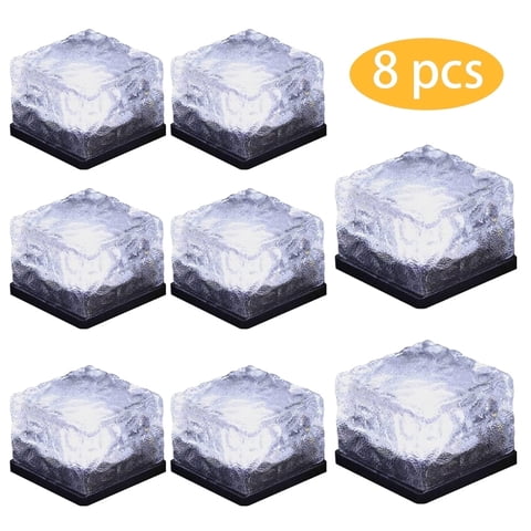 RNKR 8 Pack Solar Glass Brick Lights, LED Ice Cube Rock Lamps for Outdoor Pathway, Patio, Driveway, Garden, Waterproof Landscape Lighting, Cold White