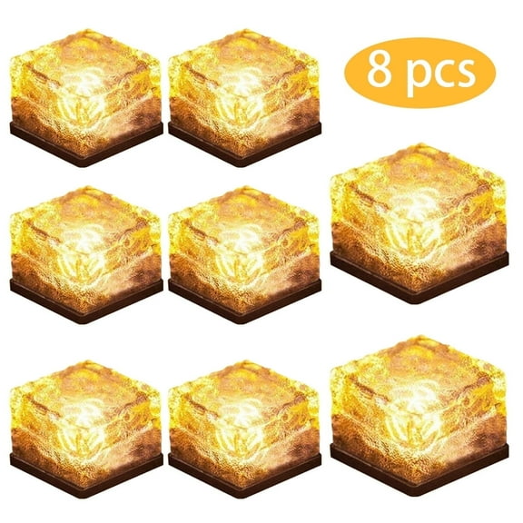 RNKR Solar Brick Lights 8 Pack, Frosted Glass Ice Cube LED Landscape Lights, Waterproof Outdoor Garden Path Patio Walkway Rock Paver Lighting, Warm White