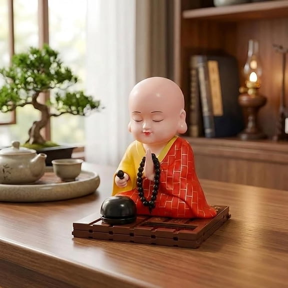 Solar Buddha Moving Head and Hand Idol Showpiece for Home Decor Office Car Dashboard | Feng Shui Buddha Statue for Positive Energy Money Luck Prosperity Gift (Plastic, Red)
