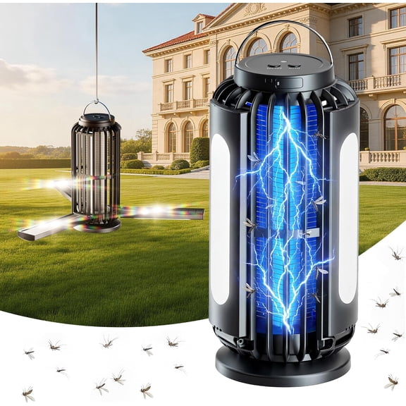 Solar Bug Zapper, 3 Solar Charging Panels, 4200V Mosquito Zapper, Auto On/Off LED Light, IP67 Waterproof, USB-C & Solar Powered, Indoor Outdoor Insect Killer for Yard Patio Garden-Dark Gray