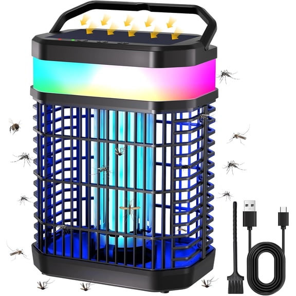Solar Bug Zapper Outdoor, 4 in 1 Portable & Rechargeable Bug Zapper Outdoor with 5000mAH Battery, 4000V Mosquito Zapper Waterproof with LED Night Light, for Camping, Patio, Backyard (Black)