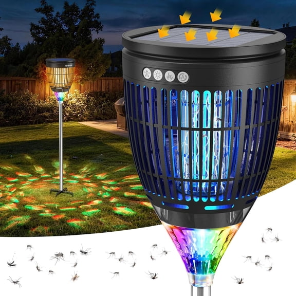 Solar Bug Zapper Outdoor, 4200V Mosquito Zapper with RGB Projector & Flame Lights, Cordless Mosquito Killer, USB Rechargeable Fly Insect Trap Waterproof Lighting Decor for Patio, Garden, Yard