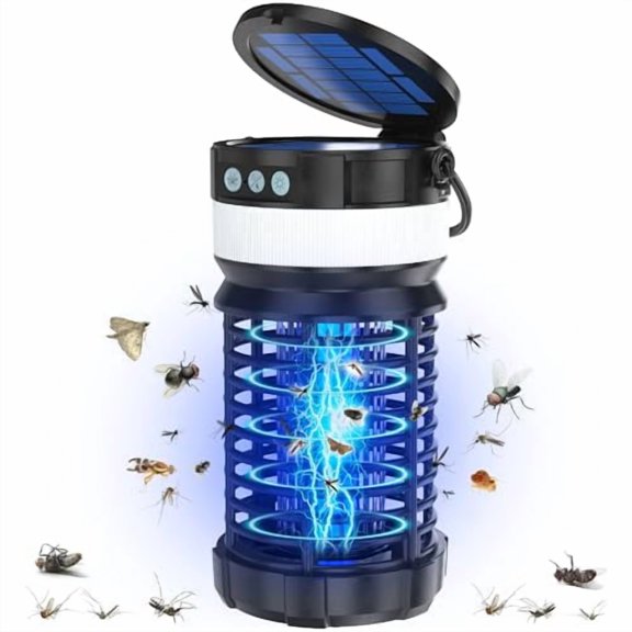Solar Bug Zapper Outdoor Indoor, Mosquito Zapper, Cordless & Rechargeable with 4000mAh Mosquito Killer, Waterproof Fly Traps for Patio Camping Yard Garden with LED Lamp (Black)