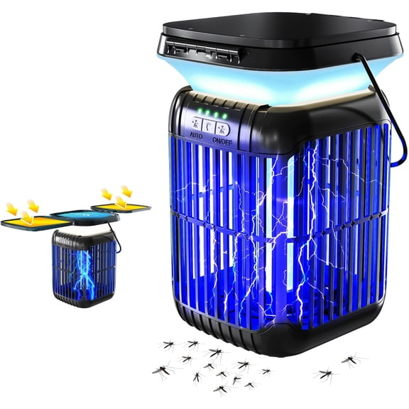 Solar Bug Zapper Outdoor Indoor, Mosquito Zapper with Dual Folding Solar Panels, 3-in-1 Waterproof LED Lantern, Portable & Solar/USB Rechargeable Insect Trap for Camping, Yard, Patio, Home