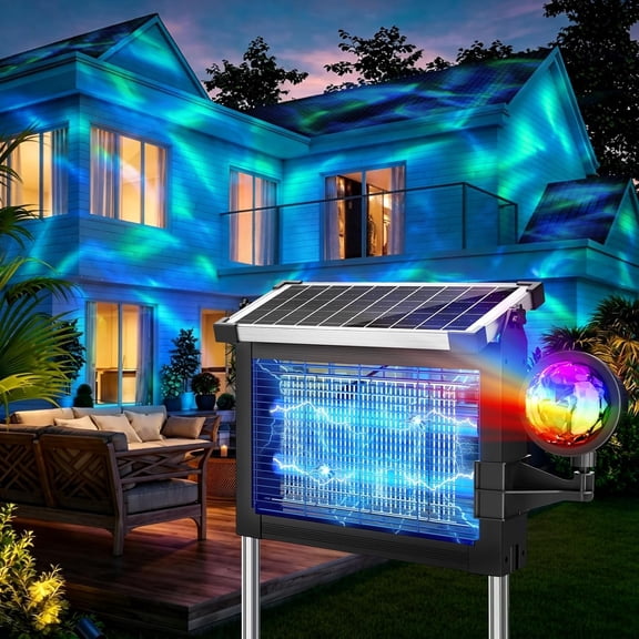 Solar Bug Zapper Outdoor with Projector Lights, 4500V Mosquito Zapper | Solar & USB Rechargeable, IPX5 Waterproof, Smart Dusk to Dawn, Cordless Insect Killer for Patio, Garden, Backyard, Camping