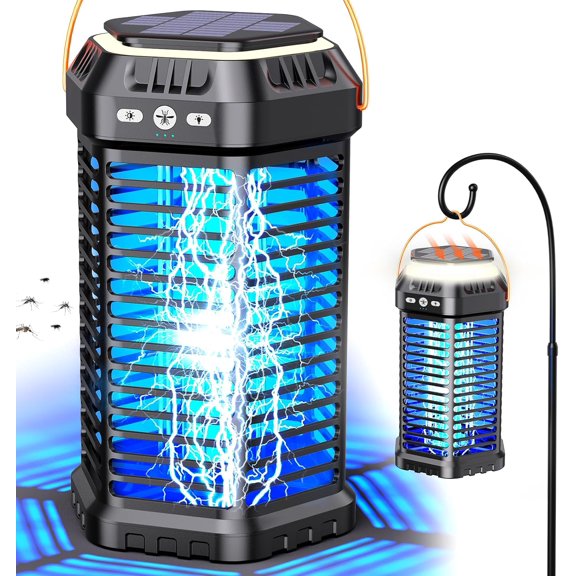 Solar Bug Zapper Outdoor, Rechargeable Mosquito & Fly Zapper with Auto ON/Off, 6000mAh Long-Lasting, Foldable Camping Light, Solar & USB Powered Bug Zapper for Patio, Camping & Indoor Use