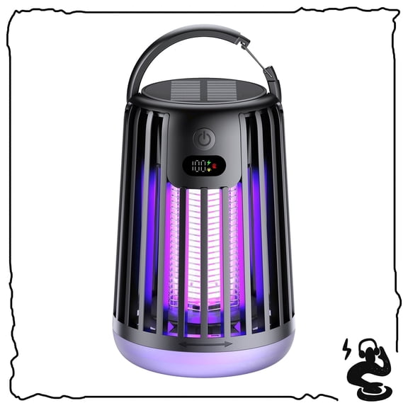 Solar Waterproof Rechargeable Bug Zapper, 2000V Purple Light 3 in 1 Outdoor Trap for Mosquitoes Flies Moths, Backyard Use