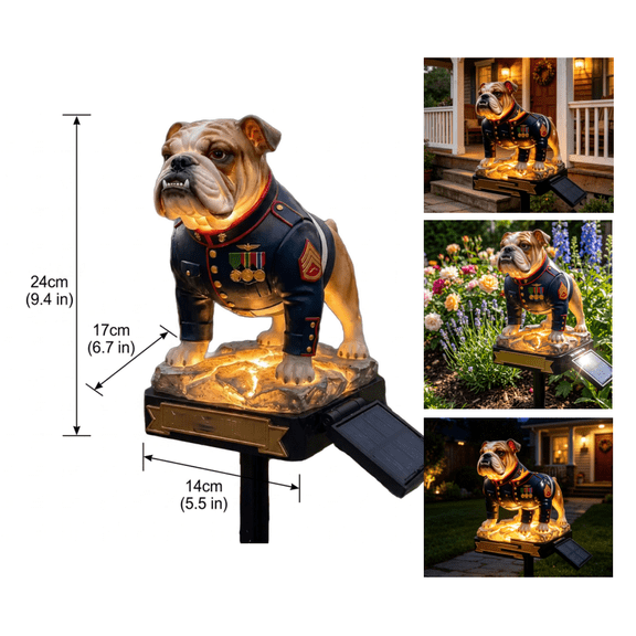 Solar Bulldog Garden Light, Patriotic Marine Corps Outdoor Solar Stake Light, Waterproof Resin Decor with Auto On/Off, for Yard Patio Lawn Pathway Veterans Day Gift