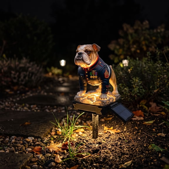 Solar Bulldog Garden Light, US Marine Corps Mascot Bulldog Solar Powered Stake Light, Weather Resistant LED Statue Lighting for Front Yard Walkway Patriotic Home Decor