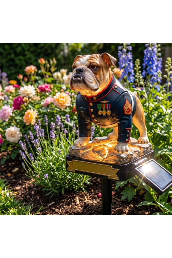 Solar Bulldog Garden Stake Light, Military Memorial Outdoor Decor, Durable Waterproof Resin Auto On/Off for Lawn & Garden Path