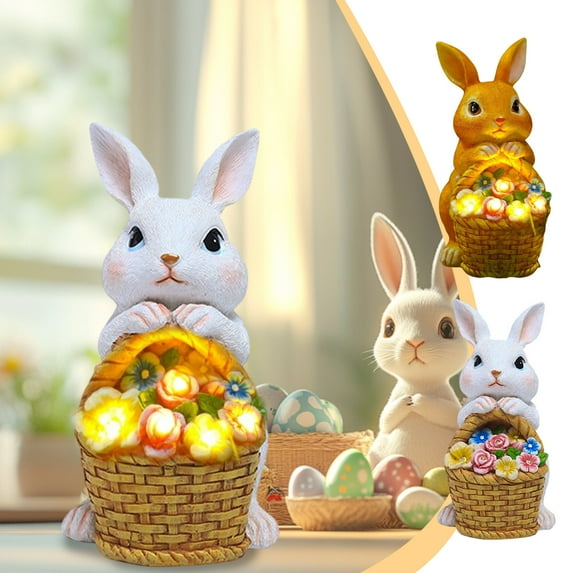 Solar Bunny with Basket Ornament - LED Light-Up Rabbit Figurine for Home Garden Yard Patio, Waterproof Solar-Powered Bunny Decoration, Festive Easter Spring Home Glow Decor Gift, 5*6*8in, B
