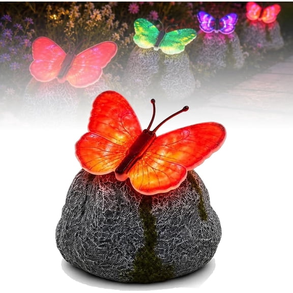 Solar Butterfly Light, Illuminated Stone Look Butterfly Statue with Color-Changing LED Wings, Waterproof Outdoor Garden Decor for Yard, Pathway, Patio, Flower Bed, Lawn
