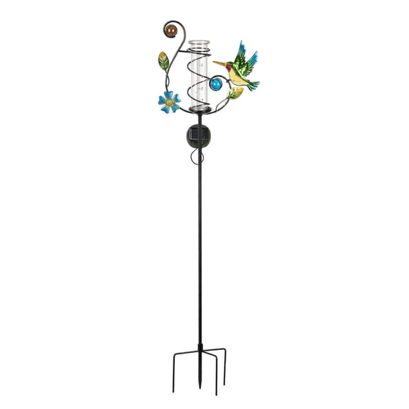 Solar Butterfly Rain Gauge Metal Garden Stake with Hummingbird Design, Decorative Outdoor Yard Decor, LED Light Up Rain Measuring Tool