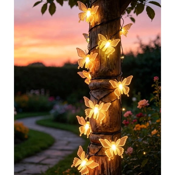 Solar Butterfly String Lights Outdoor Solar Decor Lighting, Auto On Off Waterproof Bendable Soft Glow Fairy Lights, Ambient Ornament for Patio Garden Holiday Party Layout