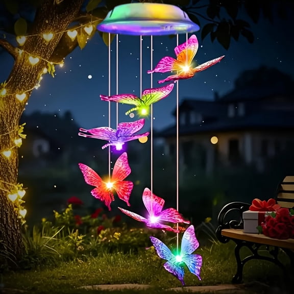 Solar Butterfly Wind Chimes LED Color-Changing Solar Garden Light Chandelier Wind Chime Decoration with 600mAh Solar Nickel Battery, Plastic Outdoor Hanging Ornament
