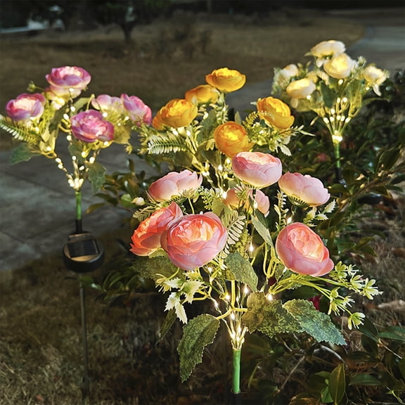 Solar Camellia Garden Lights Outdoor, 7 Lifelike Camellia Buds Warm White LED, Solar Powered Waterproof Metal Flower Stake Lamp, Patio Path Yard Decor