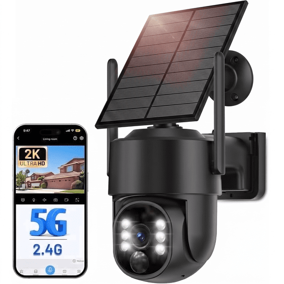 Solar Camera Outdoor Wireless, 2K Solar Outdoor Cameras for Home Security, Battery Powered Wire-Free 5g WiFi Camera, 360° View PTZ, Motion Detection Alerts, Spotlight Siren Alarm, Color Night Vision