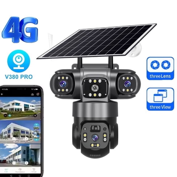 Solar Camera Outdoor Wireless WiFi Three Lens Solar Security Camera 360° Pan & Tilt, No Blind Spots Smart AI Human Detection Tracking Color Night Vision 2-Way Talk Siren Alarm No Cellular Needed