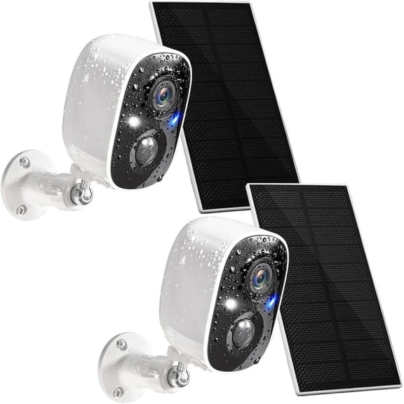 Solar Cameras Outdoor, with Solar Panel Color Night Vision Motion Detection 2-Way Talk WiFi Indoor Camera IP65 Weatherproof Cloud/SD Storage 2-Pack