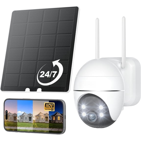 Solar Cameras Outdoor, WiFi Camera with Solar Panel & 9000mAh , 24/7 Recording, 360? Panoramic View, Auto , Color Night Vision, No Subscription
